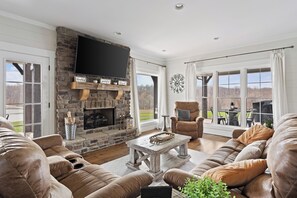 Smart TV, fireplace, books