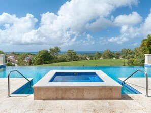 A rectangular swimming pool with a view of the ocean and a grassy landscape in the background. - Vuemont #245 - by Zenbreak (Speightstown)