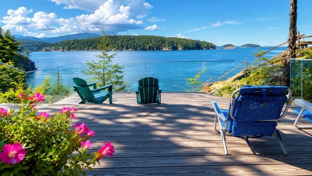 Una terraza de madera con sillas da a un lago, rodeada de follaje y un cielo despejado.