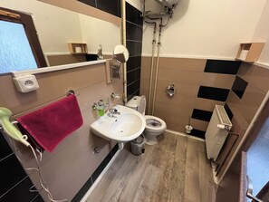 Baño con lavamanos, inodoro y ducha. Se ve un toallero con una toalla roja, un espejo y un radiador.
