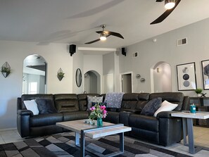 Smart TV, fireplace, books