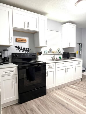 Fridge, microwave, oven, stovetop