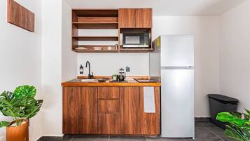 Fridge, microwave, stovetop, coffee/tea maker