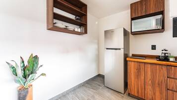 Fridge, microwave, stovetop, coffee/tea maker