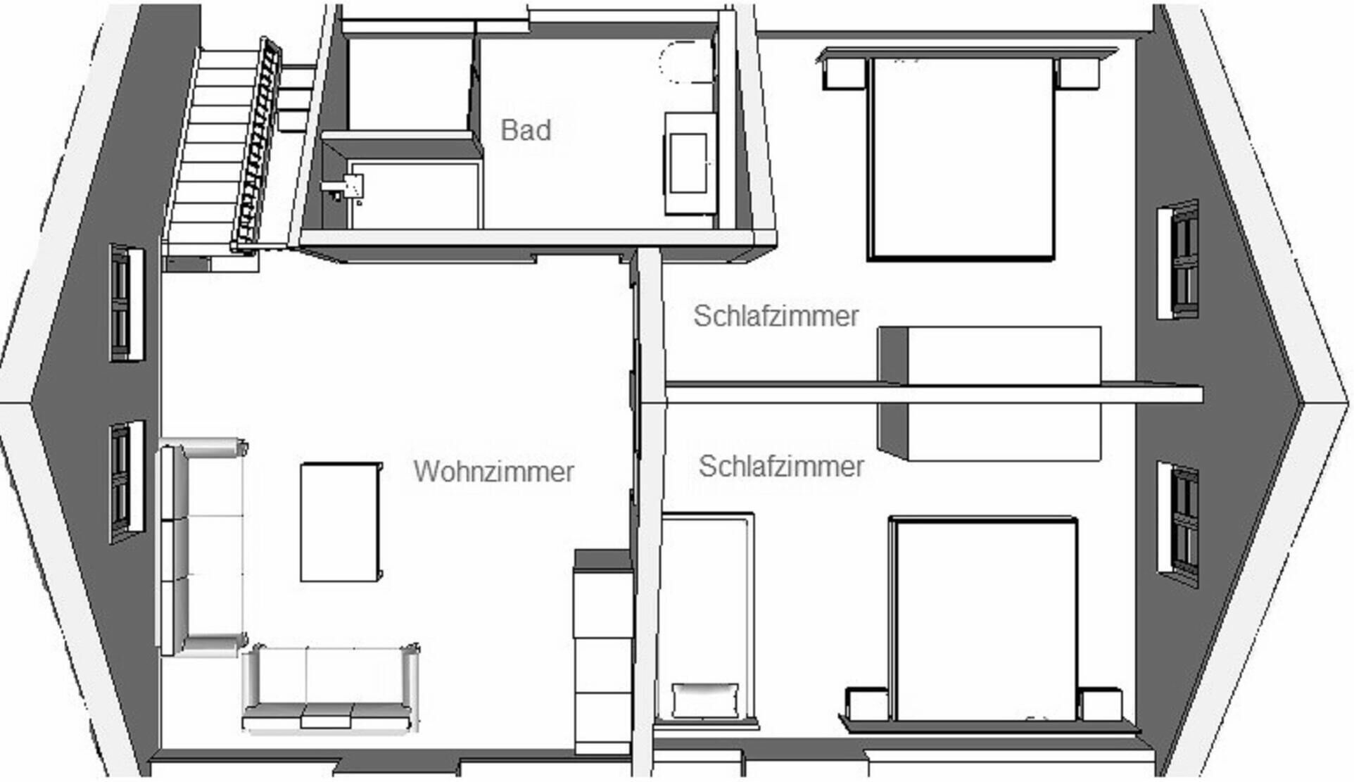 Een plattegrond van een hotel met een slaapkamer, badkamer, woonkamer en twee extra slaapkamers.