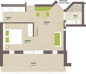Un plan d’étage comprenant une cuisine, un salon, deux chambres, une salle de bain et un balcon.