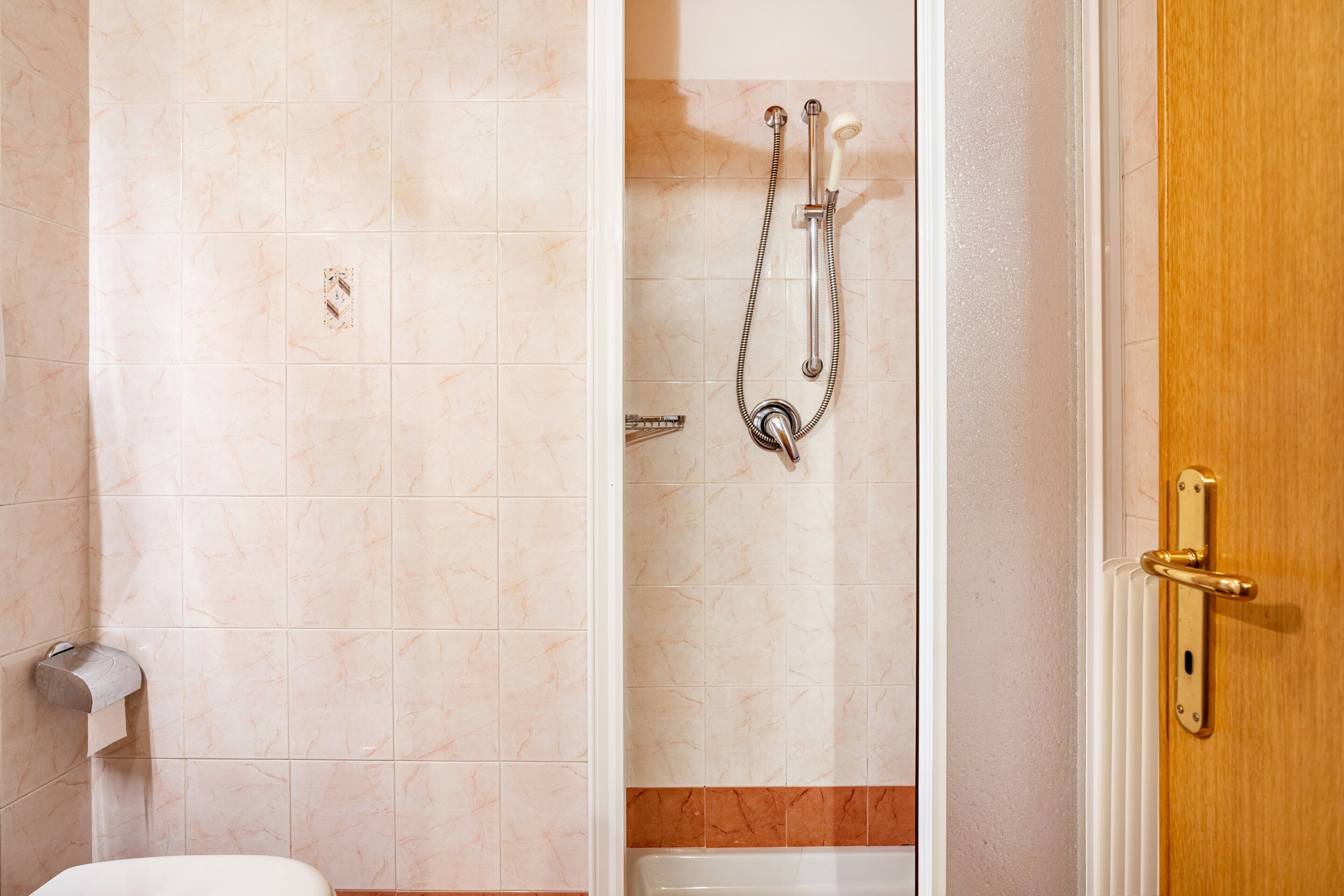 Une salle de bain avec des toilettes, une douche équipée d’un pommeau de douche amovible et une porte en bois.