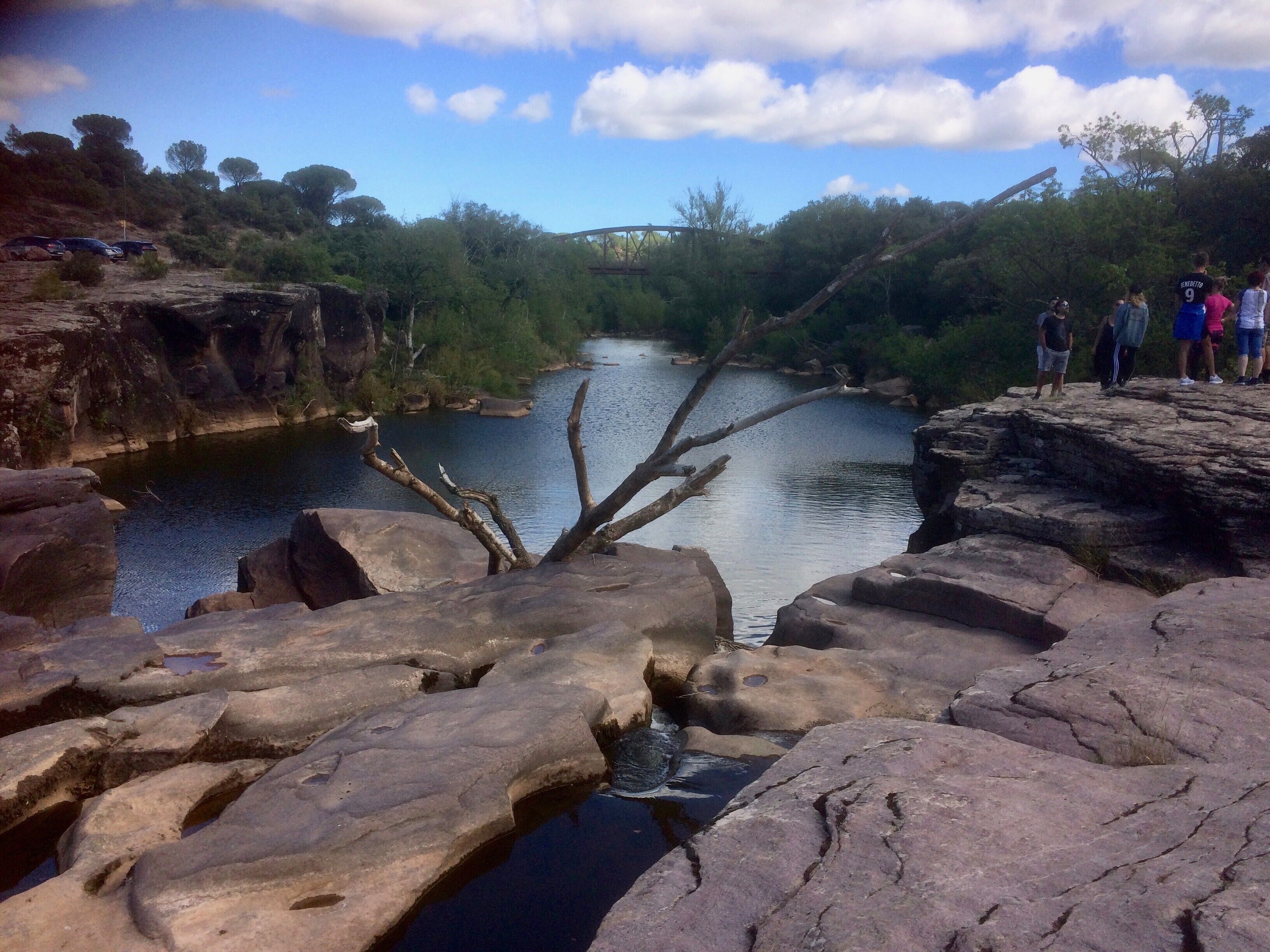 Un paisaje rocoso con un río, árboles y un puente.