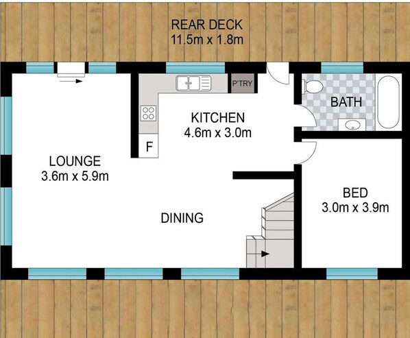 Plano de planta de una casa con terraza trasera, cocina, sala de estar, comedor, baño y un dormitorio.