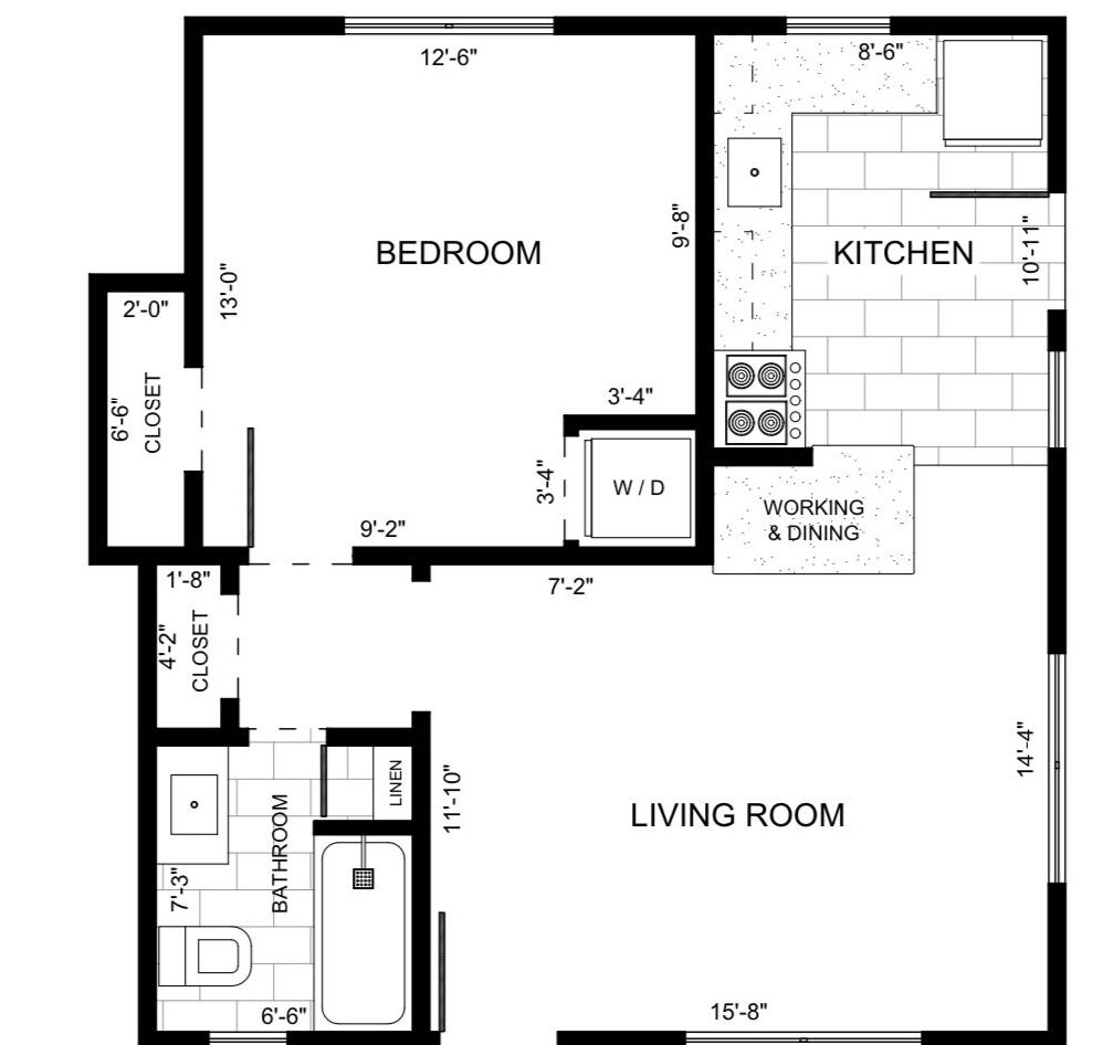 A floor plan of a house with a bedroom, kitchen, bathroom, and living room.