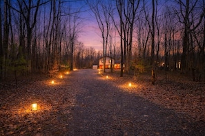A cabin in a forest with a gravel path leading to it, surrounded by trees.