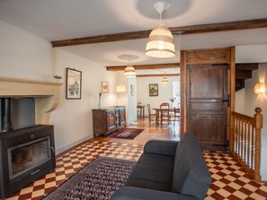 TV, fireplace, table football