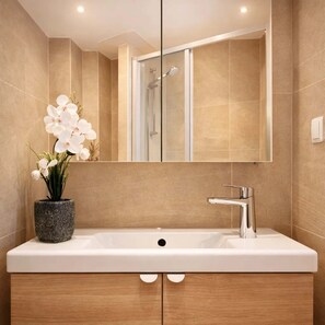 Douche, séchoir à cheveux, serviettes fournies, savon