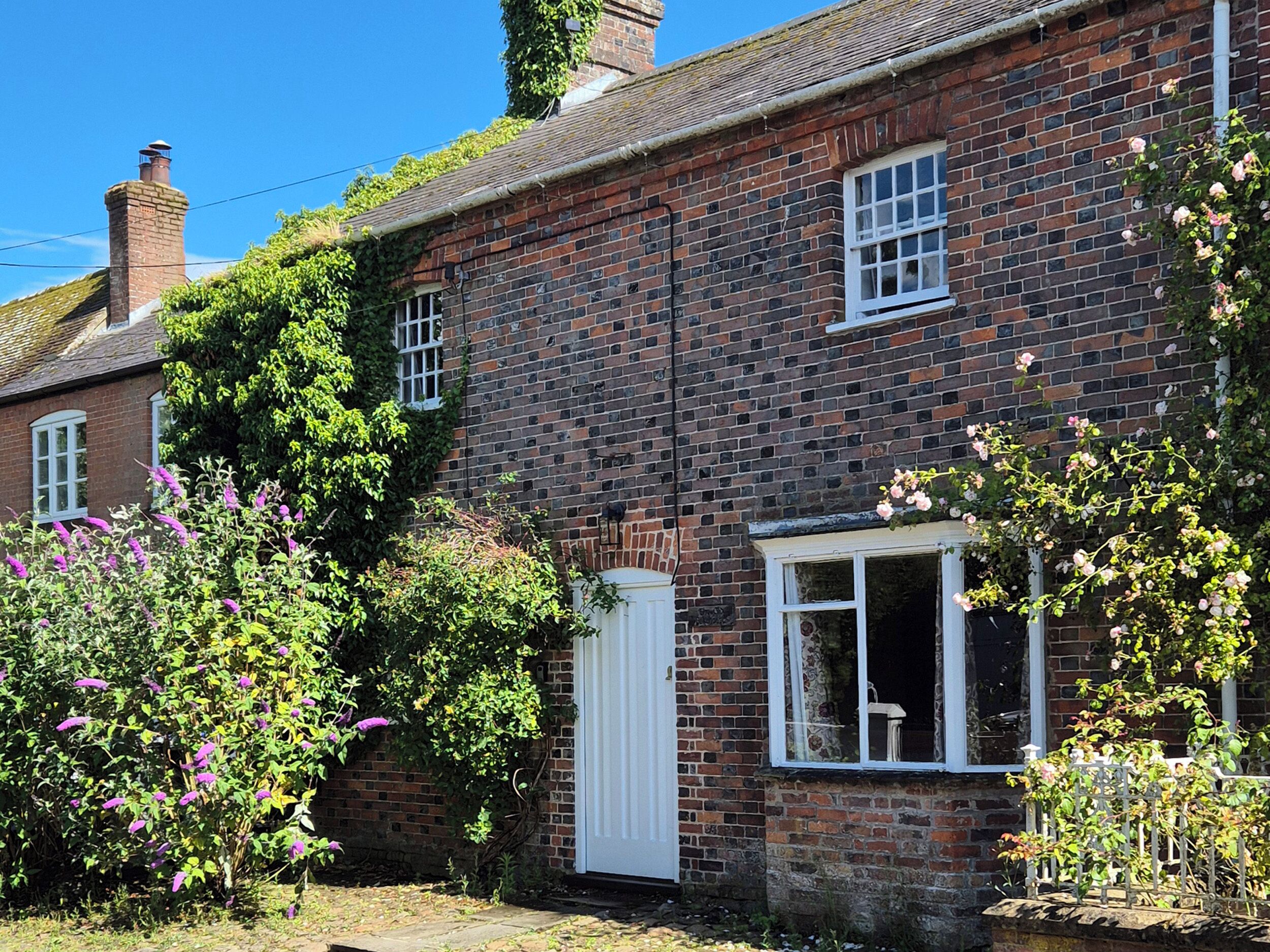 A brick house with a white door and window, surrounded by greenery and flowering plants.