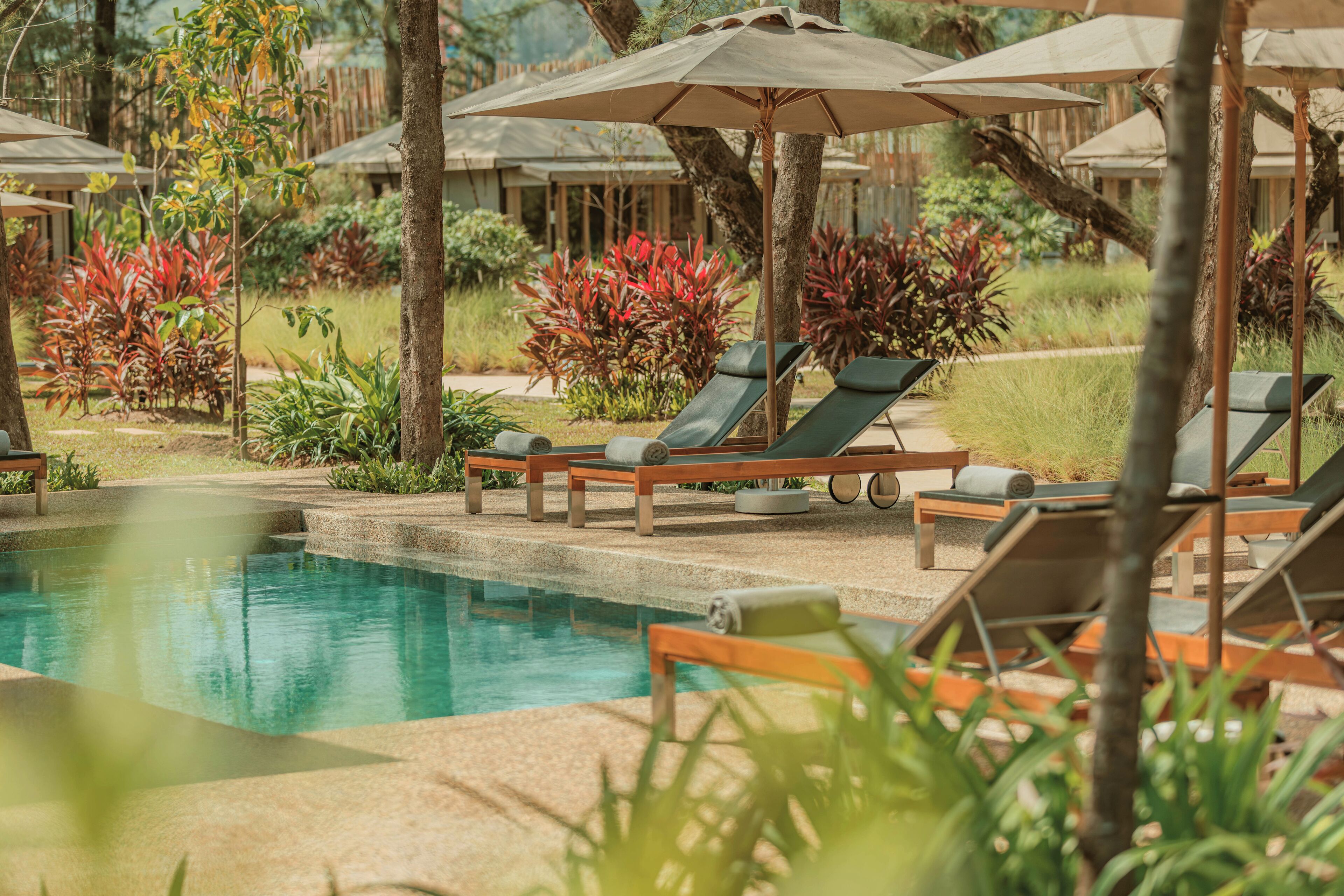 Zona de piscina con sillones de descanso y sombrillas, rodeada de plantas tropicales.