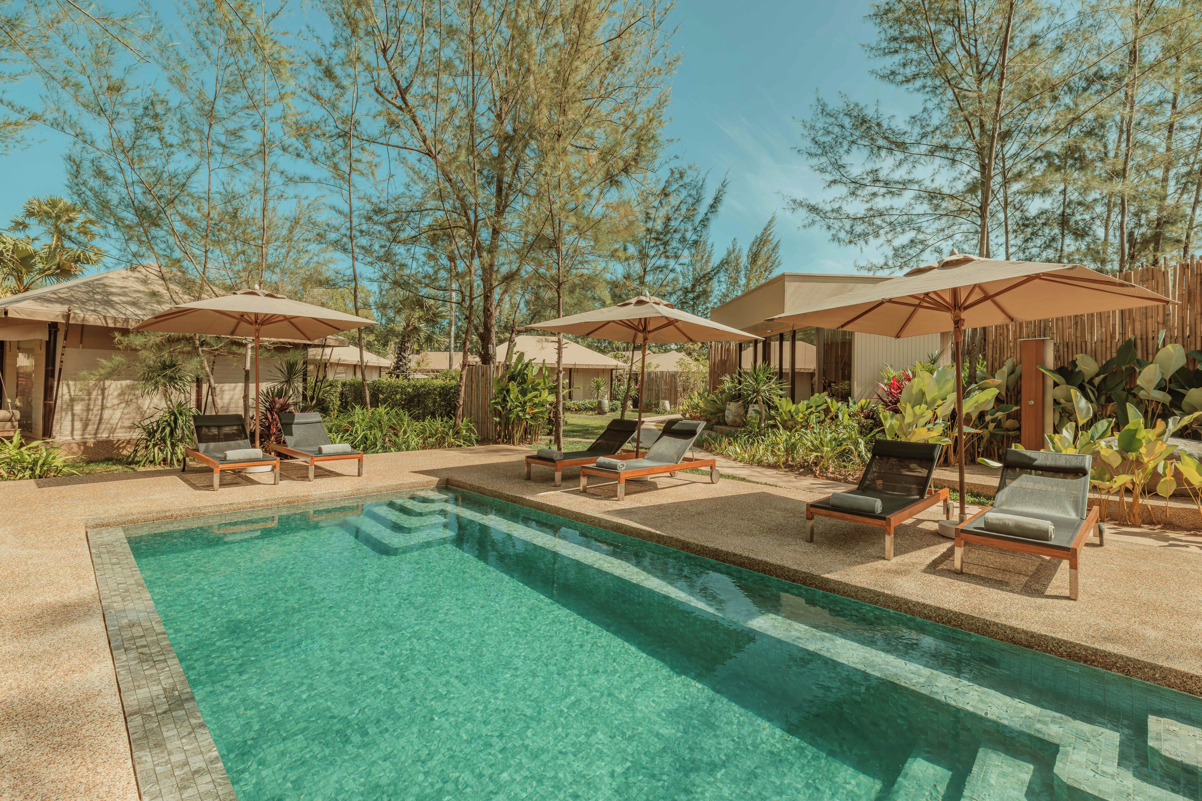 Outdoor pool, pool umbrellas, pool loungers