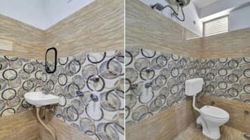 Shower, rainfall showerhead, free toiletries, towels