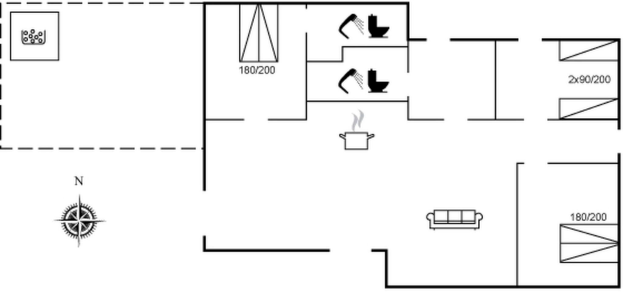 A floor plan with a kitchen, dining area, and a living room.