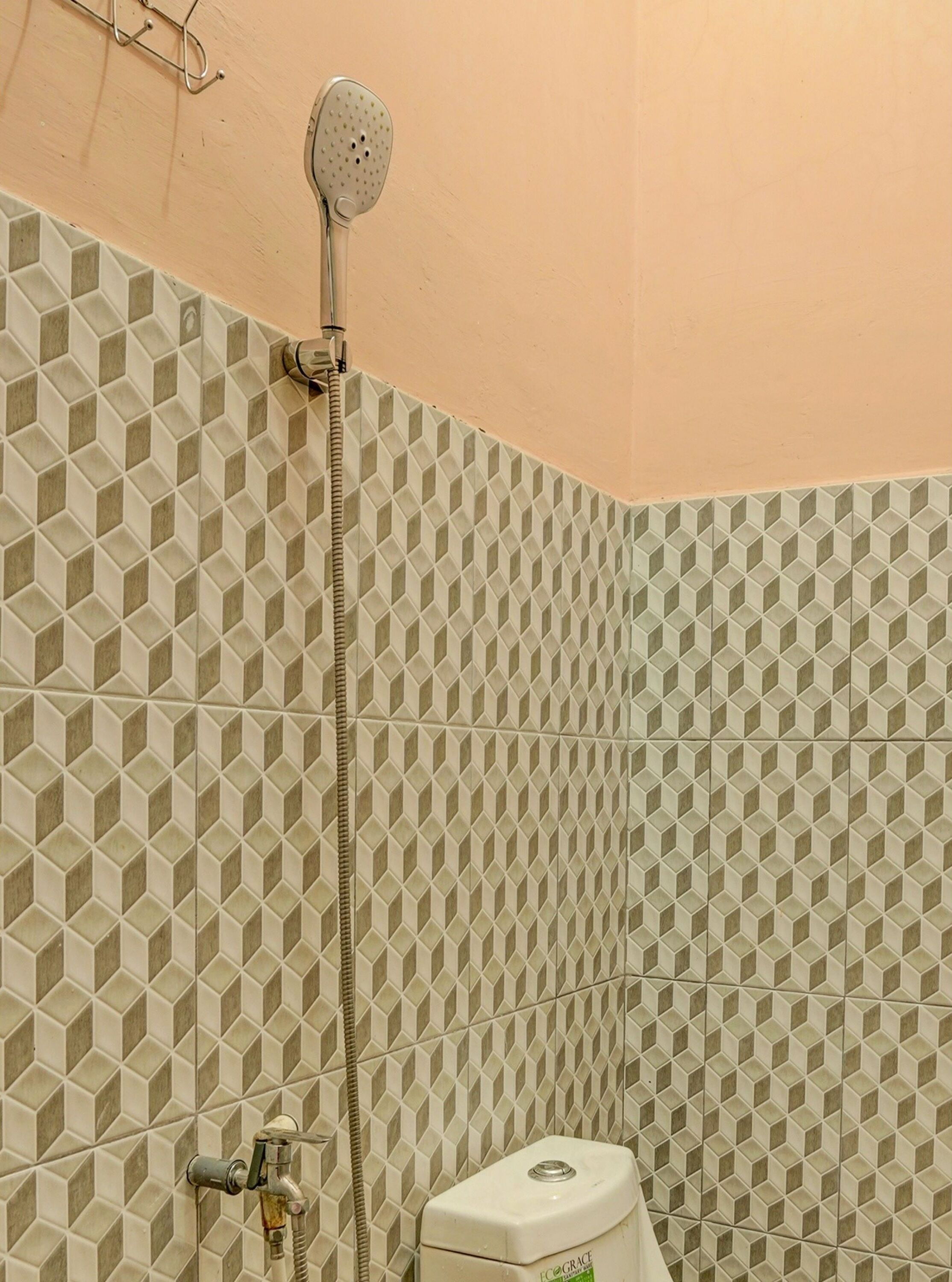 Un baño con pared de azulejos de diseño geométrico, un cabezal de ducha y un inodoro.