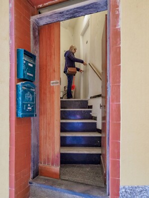 A person using a vacuum cleaner on a staircase with a red brick wall and a blue mailbox on the left.
