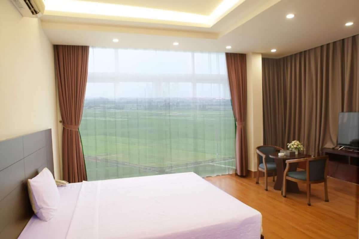 A hotel room with a bed, a desk, and a chair, a large window with a view of a sports field, and curtains.
