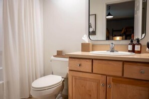 A bathroom with a toilet, wooden vanity, and a mirror. - Mountainside 2-BR Ski-In/Out Okemo Haven (Ludlow)
