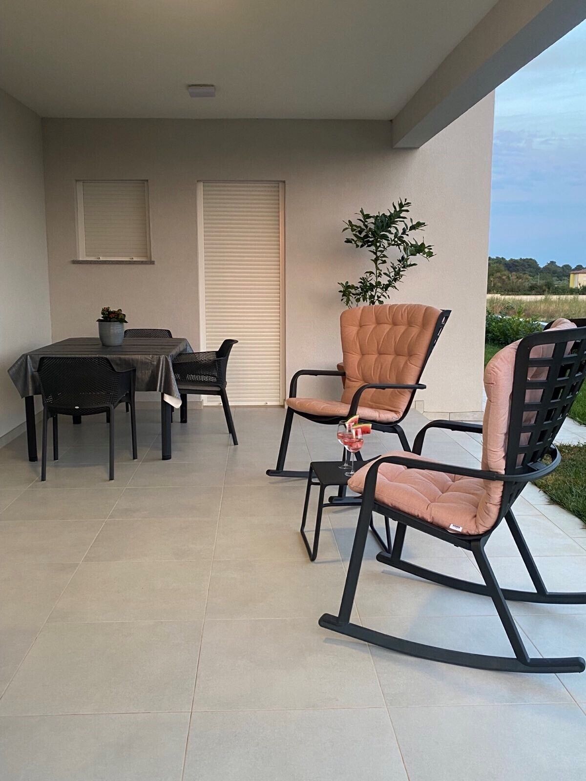 A patio area with a table and chairs, a potted plant, and a view of the landscape.