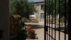 A stone building with a door and windows, surrounded by potted plants and a gravel path.