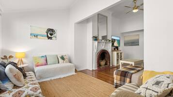 Fernseher, Kamin, DVD-Player, Bücher