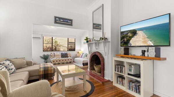 TV, fireplace, DVD player, books