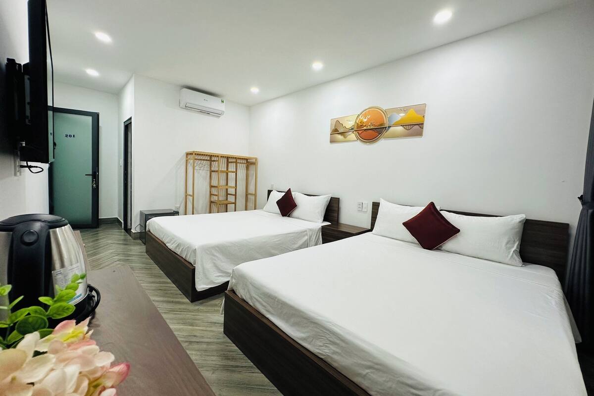 Habitación de hotel con dos camas, televisión, aire acondicionado y un cuadro en la pared.