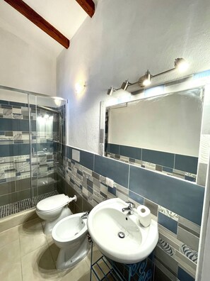 Een haardroger, handdoeken, zeep, toiletpapier