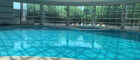 A large indoor swimming pool with clear blue water, surrounded by large windows offering views of greenery.