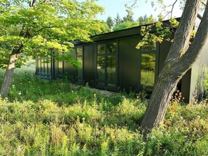 A modern building with large glass windows, surrounded by lush greenery and trees.