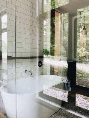 Badewanne, Haartrockner, Handtücher, Shampoo