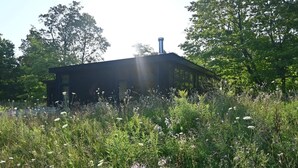 En bygning med skorsten, omgivet af et naturlandskab med forskellige planter og træer.