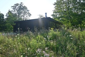 A building with a chimney, surrounded by a natural landscape with various plants and trees. - NorthShore, Modern Cabin 656 (Northport)