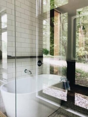 Bathtub, hair dryer, towels