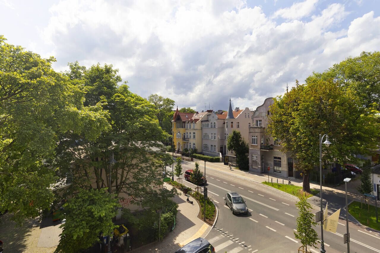 A street view with buildings, a road, and trees.