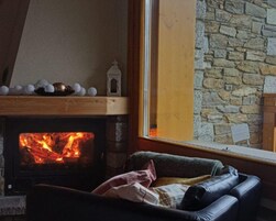 Una sala de estar acogedora con chimenea, pared de piedra y vistas a través de una ventana.