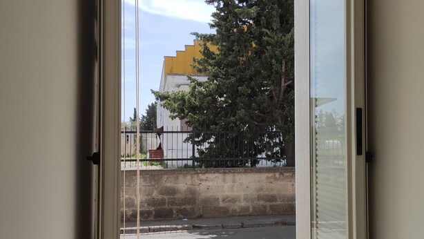 Vista a través de una puerta de cristal, con un muro de concreto y una cerca de metal al fondo.