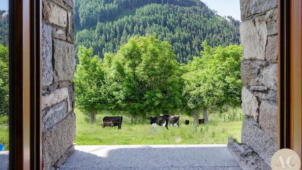 A stone-framed window with a view of a green field and cows, overlooking a forested mountain. - El Bait in Incudine With 2 Bedrooms and 1 Bathrooms (Incudine)