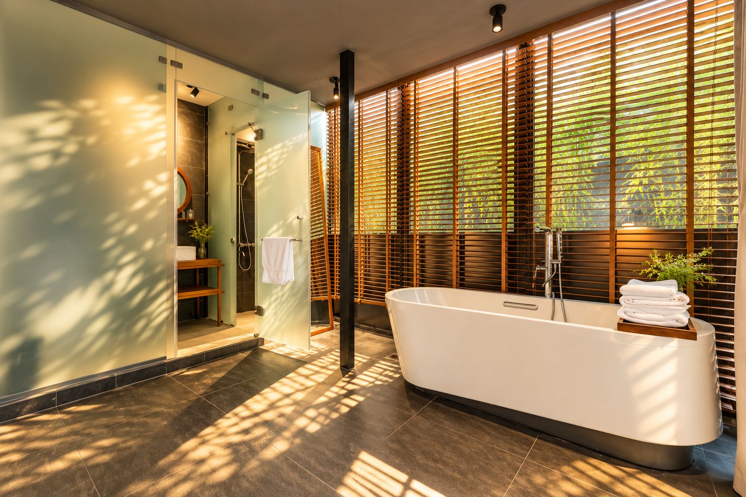 A modern bathroom with a freestanding bathtub, a glass shower enclosure, and a view through wooden blinds.