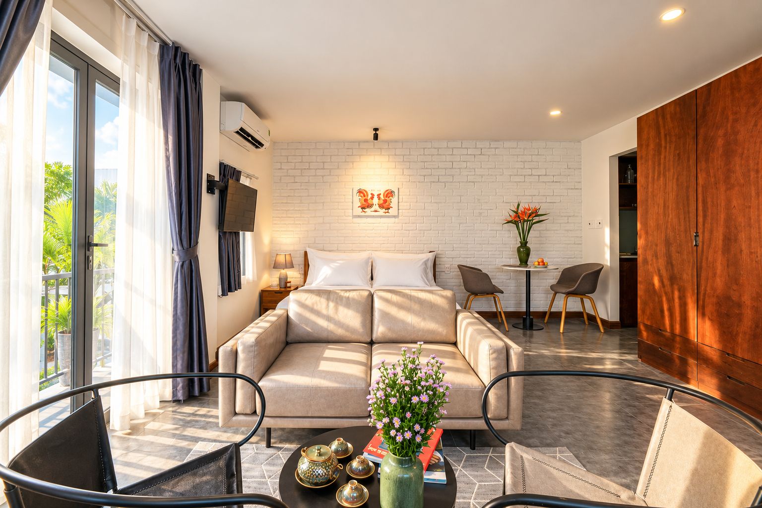 A modern hotel room with a sofa, chairs, a dining table, and a view of greenery outside.