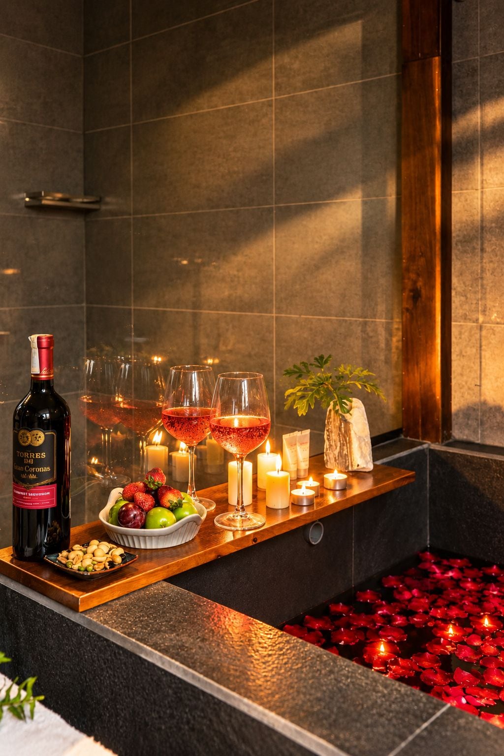 A spa area with a wooden bench, candles, a bottle of wine, glasses, and a bowl of fruit.
