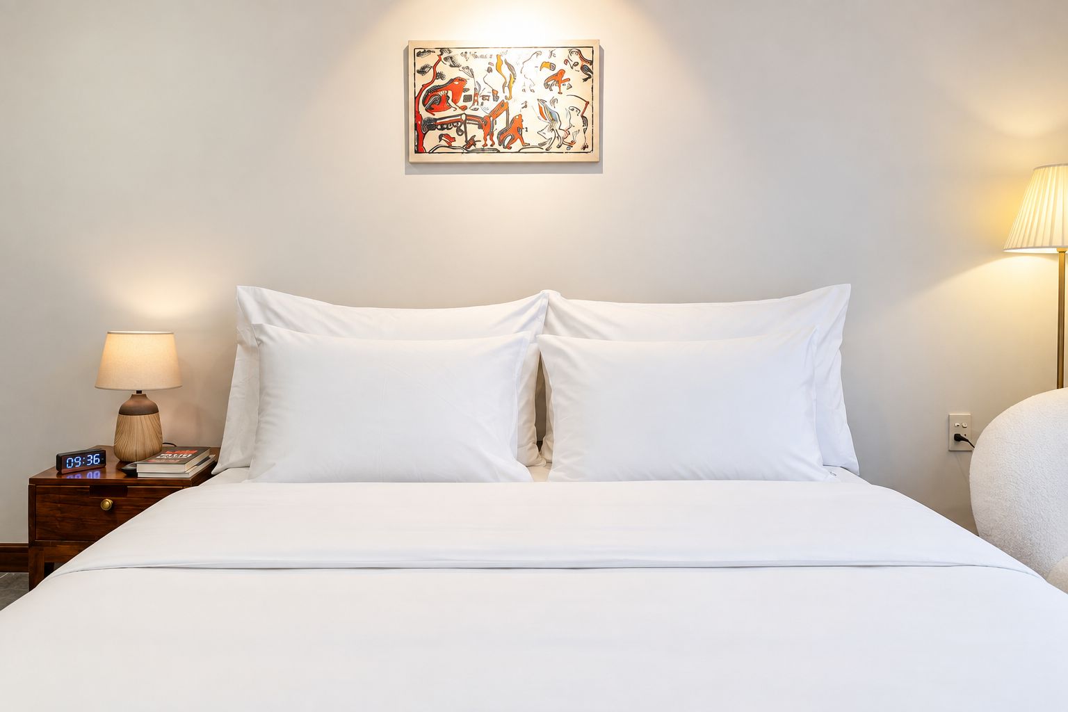 Una cama bien tendida con ropa blanca, una mesita de noche con una lámpara y una obra de arte colgada en la pared.