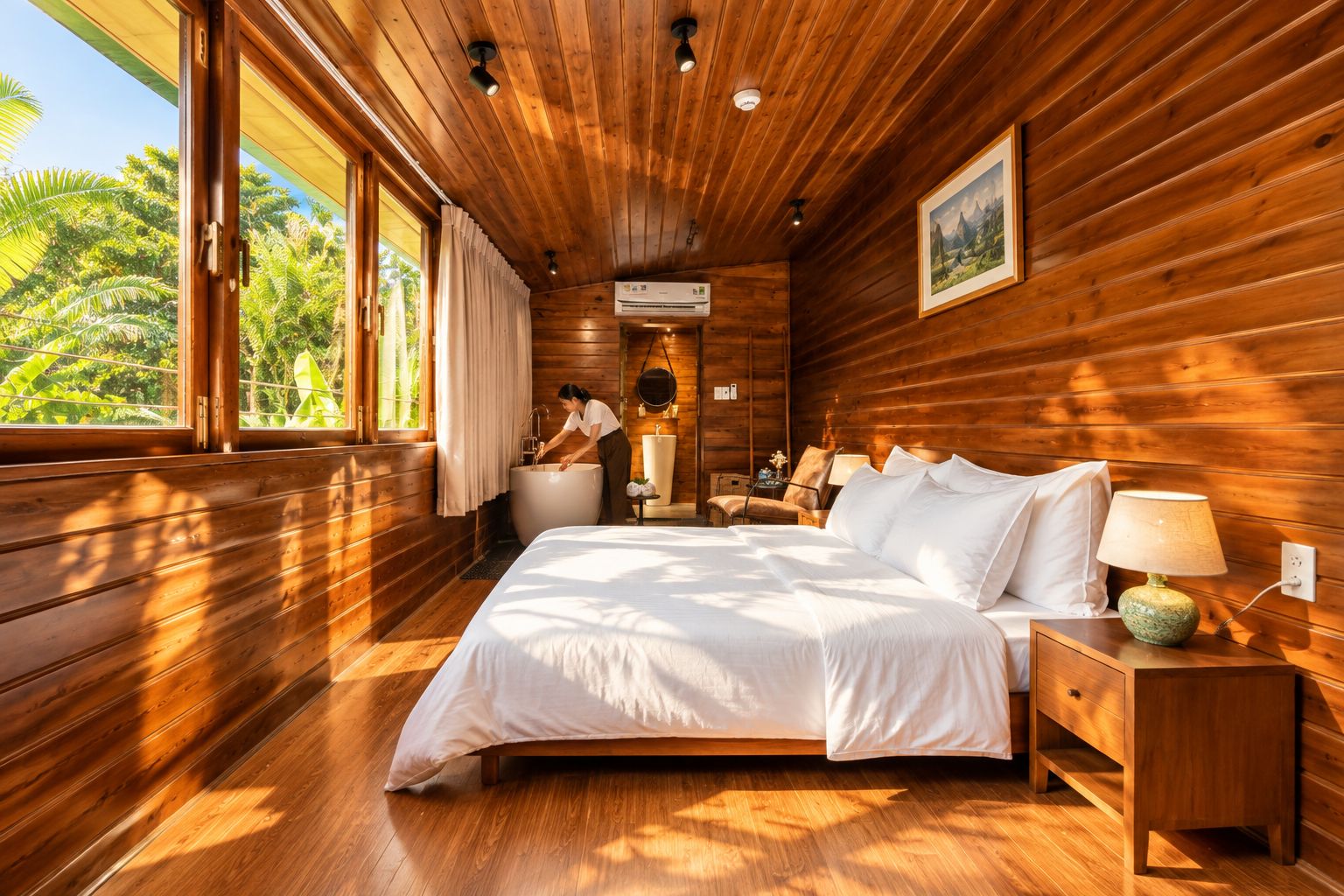 A wooden cabin bedroom with a large bed, a nightstand, a lamp, and a view of the outdoors.