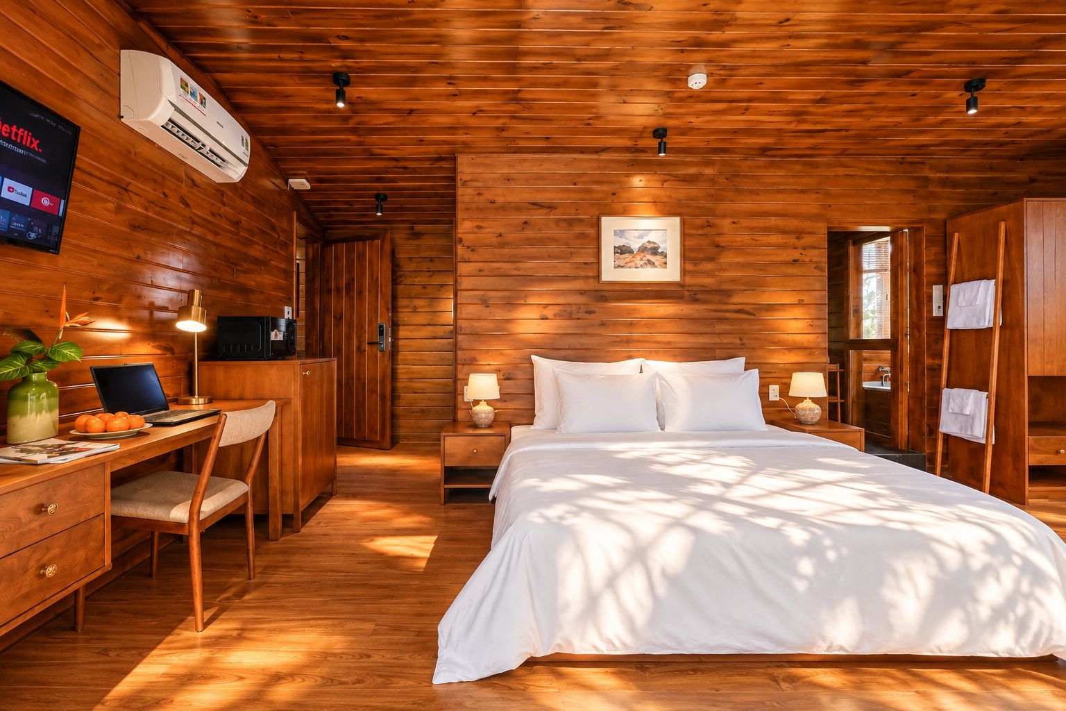A wooden-paneled room with a bed, desk, chair, and a mounted television.