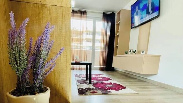 Un salon moderne avec un mur d’accent en bois, une plante en pot, un téléviseur à écran plat et un tapis à motifs floraux.