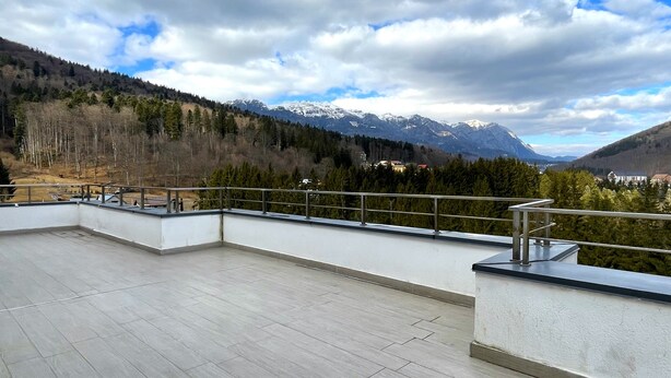 Una terraza en la azotea con barandilla metálica, con vistas a montañas nevadas y un valle boscoso.